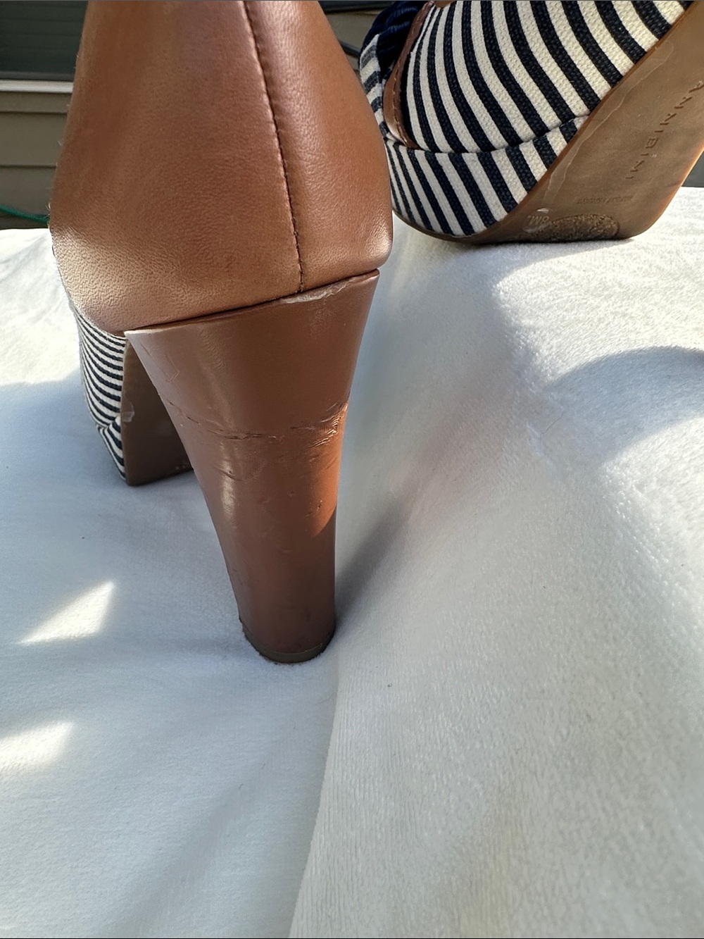 Gianni Bini Navy and White Striped Peep-Toe Heels with Tan Trim - Picture 4 of 8